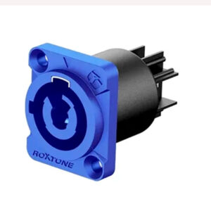 Primer plano del Conector AC Chasis de Entrada azul, modelo RAC3MPI, mostrando su robustez.
